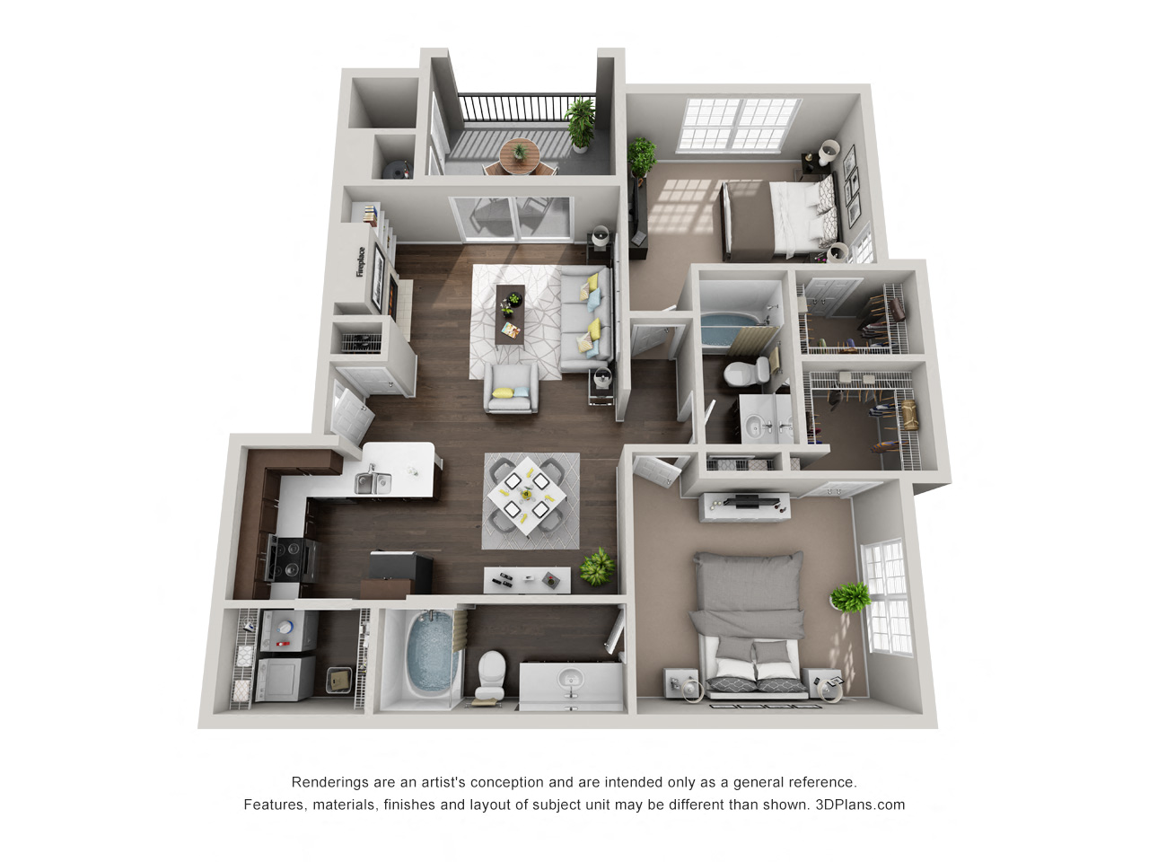 Floor plan for 2 beds, 2 baths, 1062 sqft